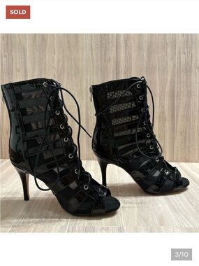 *Burju Shoes Tempest Black Faux Patent Leather Mesh Cutout Lace-Up Ankle Heels